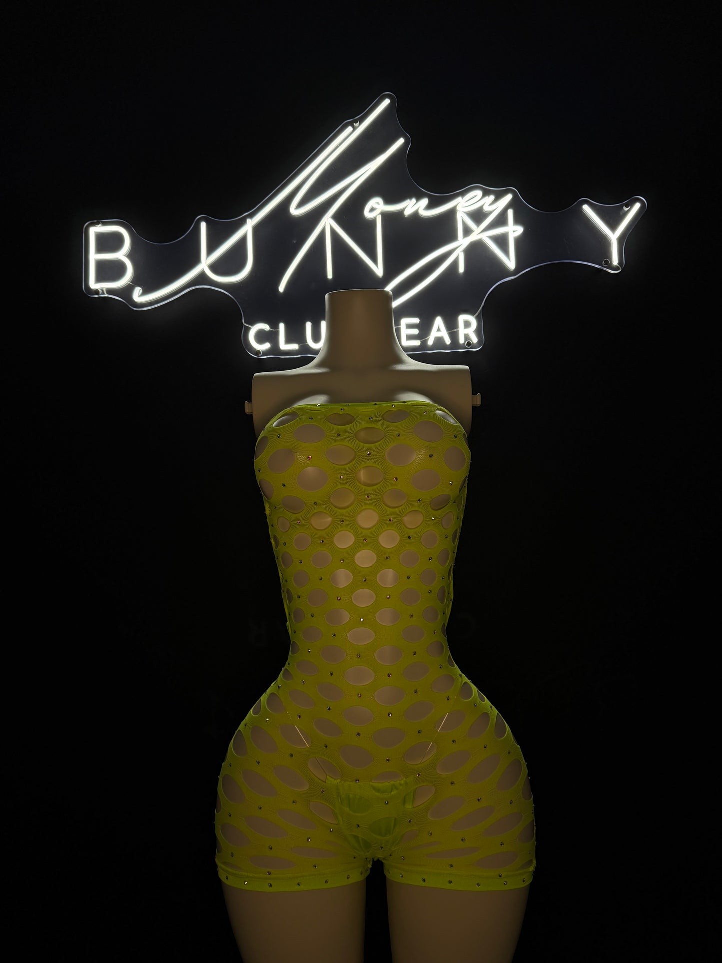 Mariah— Neon Yellow Stocking Romper Fits M-L