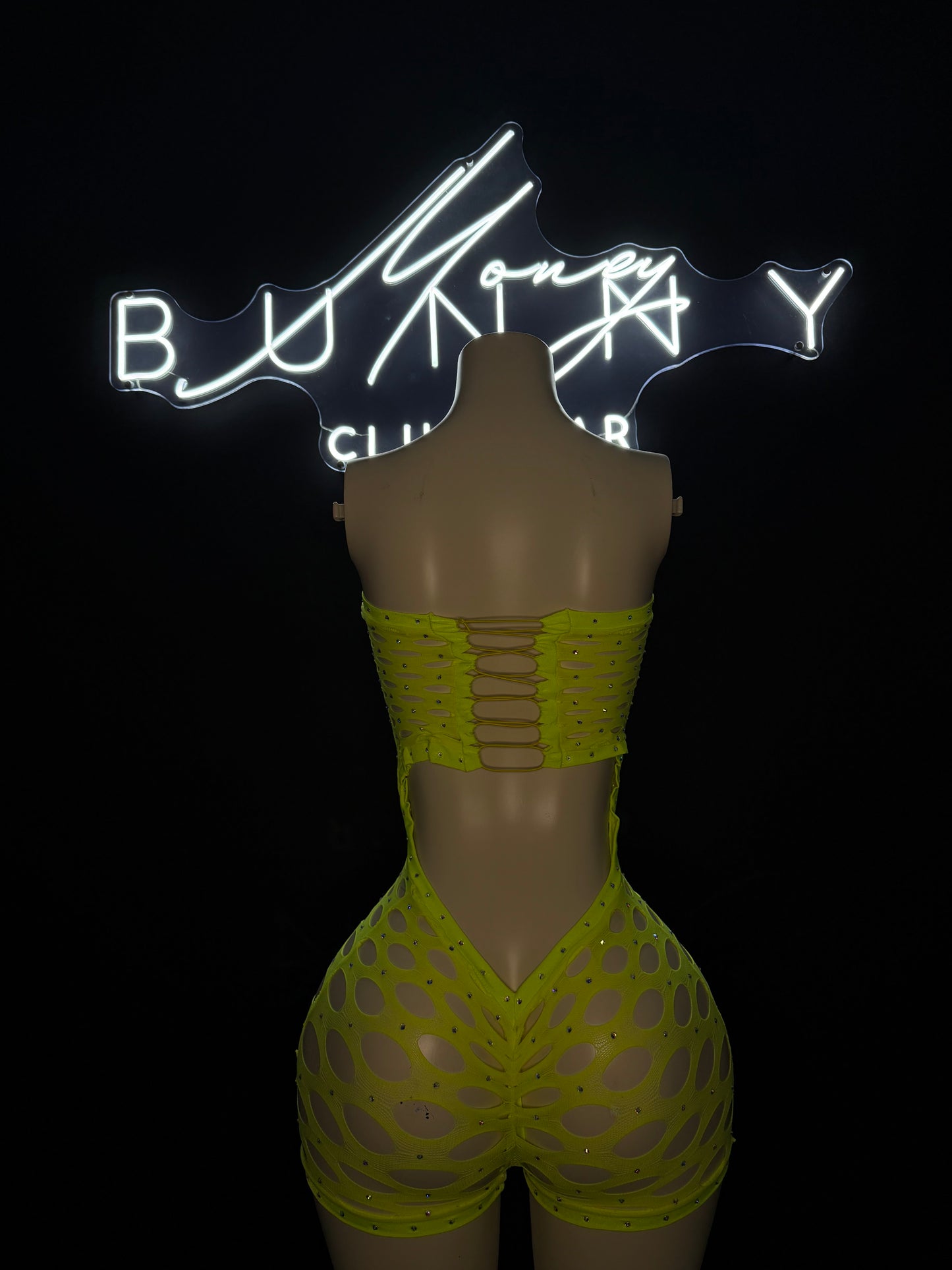 Mariah— Neon Yellow Stocking Romper Fits M-L
