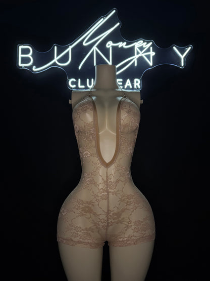 HouseWife— Stretchy Nude Lace Romper Fits M