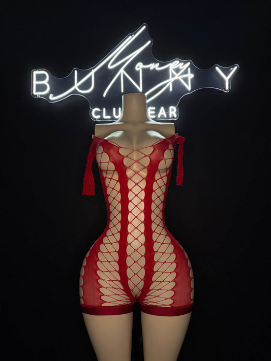 Shawty— Red Stocking Romper Fits M-L
